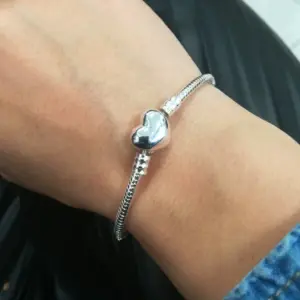 Handmade Jewelry Real 925 Sterling Silver Charm Bracelet Bangle Smooth Heart shape Bracelets for Women men DIY Jewelry 16-23cm