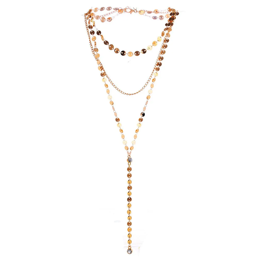 Stainless Steel Sexy Multilayer Sequins Chain Tassel Crystal Pendant Necklace For Woman Y Shape Disc Choker Necklace