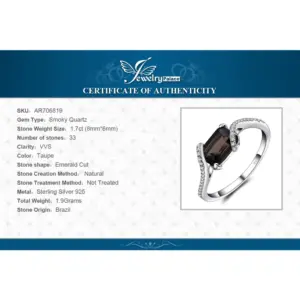 JewelryPalace 1.7ct Emerald Cut Genuine Smoky Quartz 925 Sterling Silver Ring for Woman Wedding Engagement Gemstone Jewelry