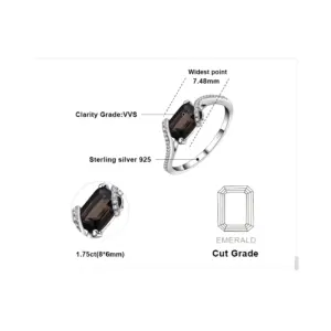 JewelryPalace 1.7ct Emerald Cut Genuine Smoky Quartz 925 Sterling Silver Ring for Woman Wedding Engagement Gemstone Jewelry
