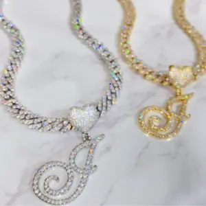 New A-Z Cursive Letter Heart Pendant Iced Out Cuban Necklace For Women Initial Zircon Link Chain Necklace Choker Hip hop Jewelry