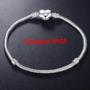 Handmade Jewelry Real 925 Sterling Silver Charm Bracelet Bangle Smooth Heart shape Bracelets for Women men DIY Jewelry 16-23cm