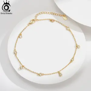 ORSA JEWELS 14K Gold 925 Sterling Silver Brilliant Zircon Stone Anklet for Women Adjustable Summer Foot Chains Jewelry SA70