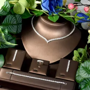 HIBRIDE Hot Fashion French Niche 4pcs Set Ambience Hundred CZ Zirconia Dubai Necklace Earrings Bridal Wedding Gift Party S-144