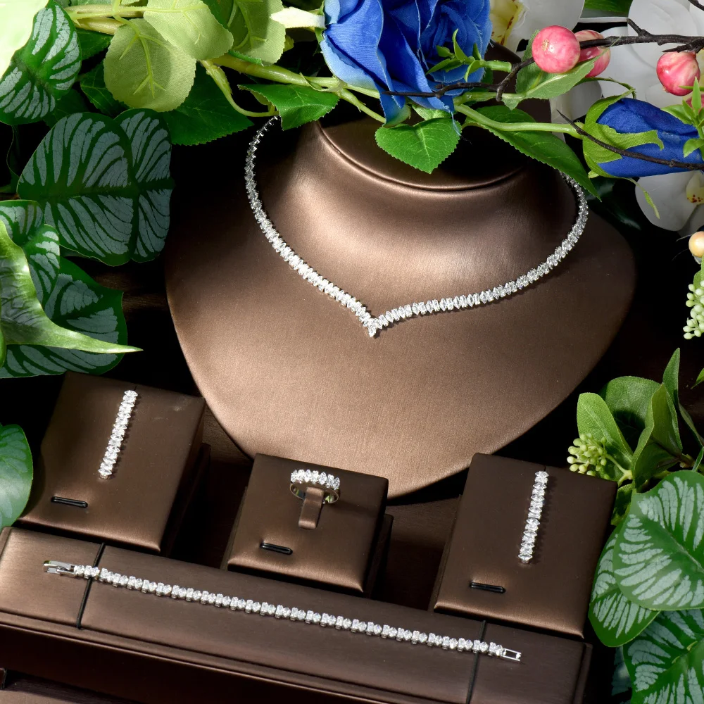 HIBRIDE Hot Fashion French Niche 4pcs Set Ambience Hundred CZ Zirconia Dubai Necklace Earrings Bridal Wedding Gift Party S-144