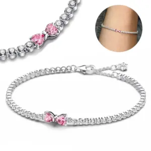 2025 Valentine New 925 Silver Pink Bow Full Diamond Bracelet Original 17-20CM Fit DIY Charm Women Birthday Jewelry Gifts