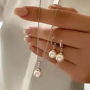 LATS 3 Pcs/Set Round Pearl Pendant Necklace For Women Exquisite Fashion Rhinestone Double Earring Wedding Jewelry Set Gift