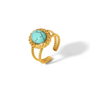 18k Gold Plated Turquoise Swirl Marks Wide Opening Stainless Steel Rings For Women Jewelry