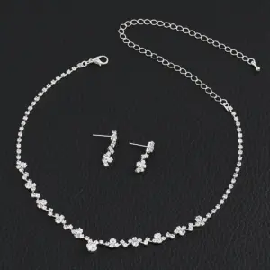 TREAZY Simple Silver Plated Rhinestone Crystal Choker Necklace Earrings Set Wedding Bridal Bridesmaid African Jewelry Sets