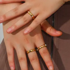 E.B.belle 18K Gold Plated Green Zircon Pearl Rings For Women Waterproof Hypoallergenic Dainty Gold Ring Stainless Steel Jewelry