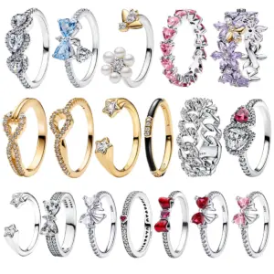 Luxury Original 925 Sterling Silver Heart-shaped Bow Flower Ring fit Women's High-end Jewelry Parties Valentine's Day Gifts