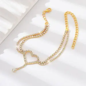 Shiny Bling Heart Drop Tassel Charm Double Layer Anklet Women Beach Foot Chain Vacation Jewelry Summer