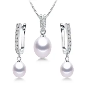 YWYC Horseshoe 8-9mm Rice Freshwater Pearl Earrings&Necklaces Jewelry Set for Women 925 Sterling Silver 45cm Pendant Necklace