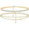 Dainty Anklets for Women Girls Layered Heart CZ Bead Initial Anklets 14K Gold Plated Waterproof Summer Beach Jewelry