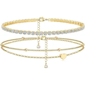 Dainty Anklets for Women Girls Layered Heart CZ Bead Initial Anklets 14K Gold Plated Waterproof Summer Beach Jewelry