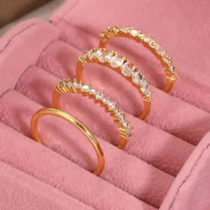 4pcs 14k Gold Plated Stacking Rings with Shining Zirconia - Perfect ForWeddings, Parties, and Everyday Wear
