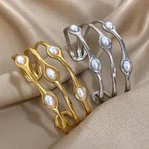 Vintage Layered Gold Plated Pearl Stainless Steel Bangles Bracelet for Women Men Bohemia Wide Open Cuff Wrist Party Jewelry Gift