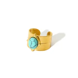 18k Gold Plated Turquoise Swirl Marks Wide Opening Stainless Steel Rings For Women Jewelry