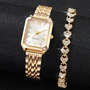 2PCS/Set Fashion Rectangle Women Quartz Watch Ladies Roma Dial Wristwatches Rhinestone Bracelet Set Reloj Mujer Girls Clock Gift