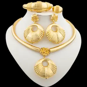 African Gold Plated Jewelry Set for Women Hoop Earrings and Pendant Set Italian Weddings Bangle Ring Jewellery Set Wholesale
