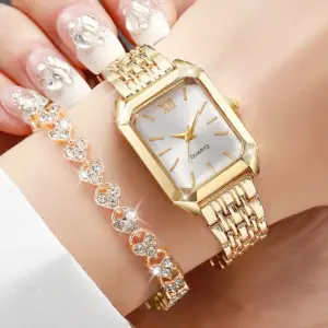 2PCS/Set Fashion Rectangle Women Quartz Watch Ladies Roma Dial Wristwatches Rhinestone Bracelet Set Reloj Mujer Girls Clock Gift