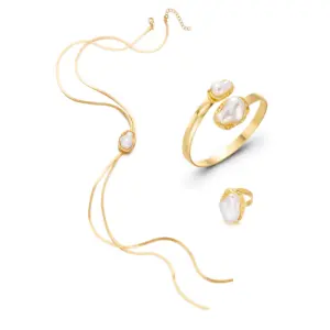 Exggerated Golden Baroque Imitation Pearl Jewelry Set for Women Vintage Snake Chain Necklace Open Cuff Bangle and Ring Jewellry