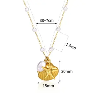 Women Shell Necklace 14k Gold Plated Stainless Steel Layered Starfish Conch SeaShell Pearl Charm Necklace Summer Beach Jewelry