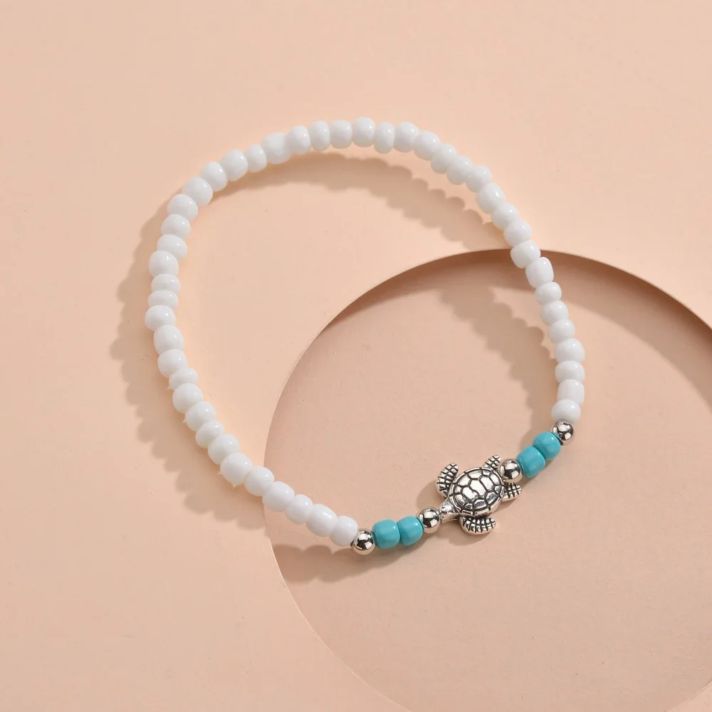 Women Rainbow Beaded Sea Turtle Anklet Elastic Adjustable Ankle Bracelet Boho Beach Summer Fashion Jewelry