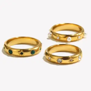 E.B.belle 18K Gold Plated Green Zircon Pearl Rings For Women Waterproof Hypoallergenic Dainty Gold Ring Stainless Steel Jewelry