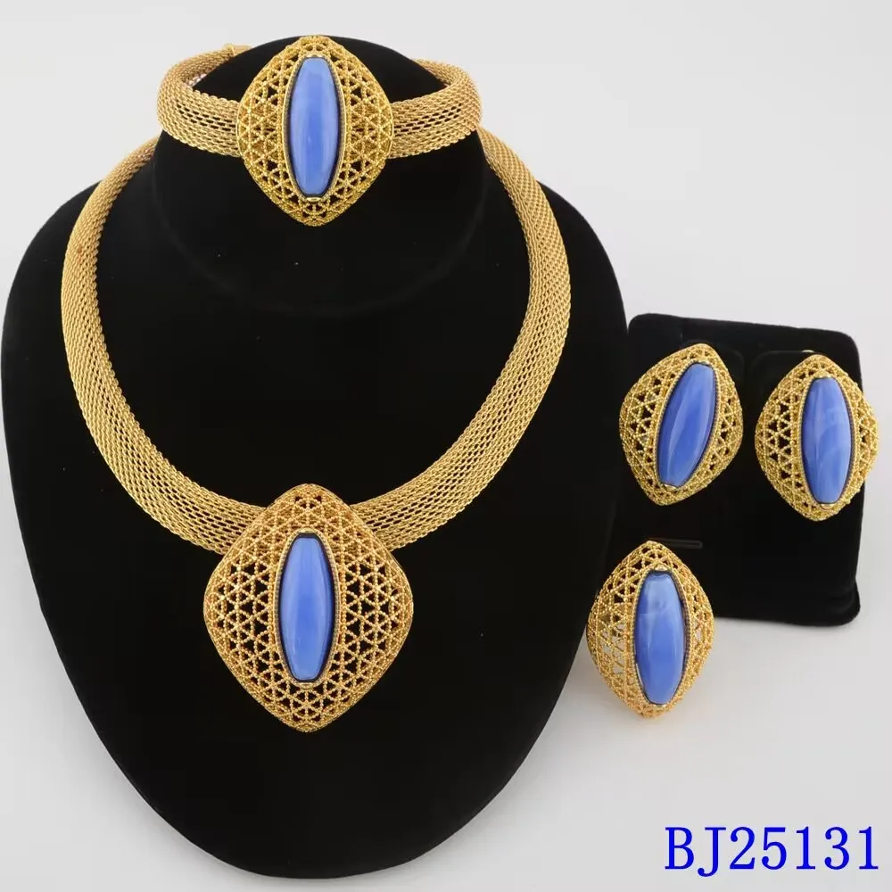 Luxury African women Gold Plated 4pcs Jewelry Set Bridal Wedding Necklace Earrings Ring Bracelet party gifts