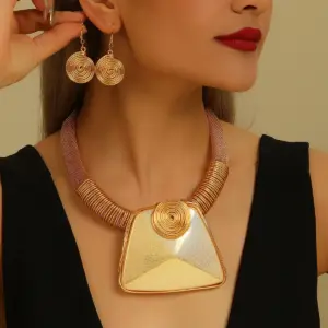 New Design Trendy Jewelry Set Geometric Square Big Resin Gems Aluminum Wire Woven Statement Necklace Earrings For Women