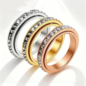 Stainless Steel Rotatable Anxiety Ring with CZ Gemstone Ring for Women Men Unisex Stress Relief Statement Rings Jewelry Gifts