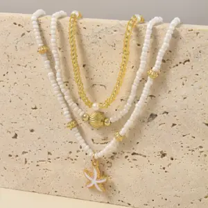 Bohemian Handmade Bead Stacked Choker Delicate Starfish Shell Pendant Necklace Women's Summer Beach Party Vacation Jewelry
