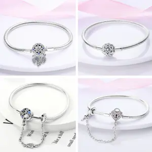 Original Bracelet 925 Sterling Silver Charm Bracelet 17-20CM Golden Heart Love Key Snowflake Bracelet Bangle Women Jewelry Gift
