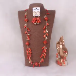 Dudo African Coral And Crystal Beads bridal Jewelry Set For Nigerian Traditional Weddings