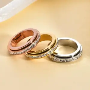 Stainless Steel Rotatable Anxiety Ring with CZ Gemstone Ring for Women Men Unisex Stress Relief Statement Rings Jewelry Gifts