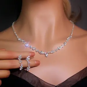 TREAZY Simple Silver Plated Rhinestone Crystal Choker Necklace Earrings Set Wedding Bridal Bridesmaid African Jewelry Sets