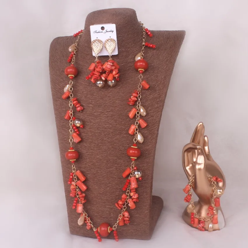 Dudo African Coral And Crystal Beads bridal Jewelry Set For Nigerian Traditional Weddings