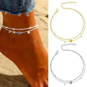 Bohemia Girl CZ Anklet Bracelets Waterproof Heart Charm Chain Anklets for Women on Foot Leg Summer Beach Barefoot Jewelry