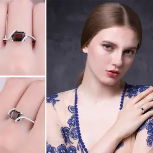 JewelryPalace 1.7ct Emerald Cut Genuine Smoky Quartz 925 Sterling Silver Ring for Woman Wedding Engagement Gemstone Jewelry
