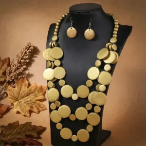Summer Beach Vacation Jewelry Set Bohemian Round Wooden Bead Handmade Beaded Multilayer Long Necklace And Earrings For Women