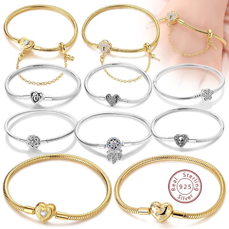 Original Bracelet 925 Sterling Silver Charm Bracelet 17-20CM Golden Heart Love Key Snowflake Bracelet Bangle Women Jewelry Gift