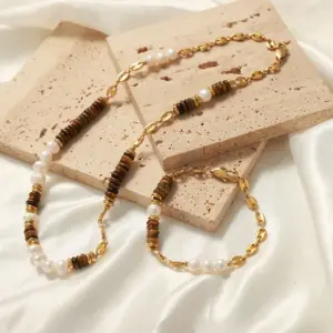 Tiger Eye Stone Splice Freshwater Pearl Beaded Chain Necklace Bracelet Stainless Steel Neck Chains Necklaces Bracelets For Women
