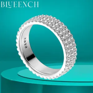 BLUEENCH Full Moissanite Ring 925 Sterling Sliver Plated 18k Eternity Band Hip Hop Rings for Woman Man Party Sparkling Jewely