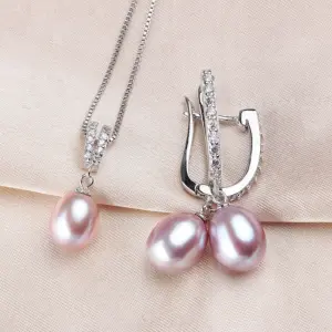 YWYC Horseshoe 8-9mm Rice Freshwater Pearl Earrings&Necklaces Jewelry Set for Women 925 Sterling Silver 45cm Pendant Necklace
