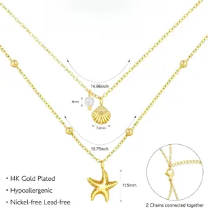 Women Shell Necklace 14k Gold Plated Stainless Steel Layered Starfish Conch SeaShell Pearl Charm Necklace Summer Beach Jewelry
