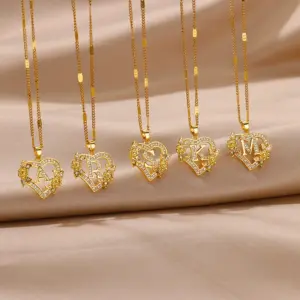 Zircon Flower Heart Initials Necklaces For Women Stainless Steel Heart Lover Gold Color Letter Chain Collar Necklace Jewelry