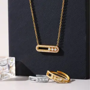 Tiny Chain Necklace for Women 18k Gold Plated Stainless Steel Necklace Dainty Zircon Pendant Necklaces Matching Ring Jewelry Set