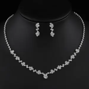 TREAZY Simple Silver Plated Rhinestone Crystal Choker Necklace Earrings Set Wedding Bridal Bridesmaid African Jewelry Sets