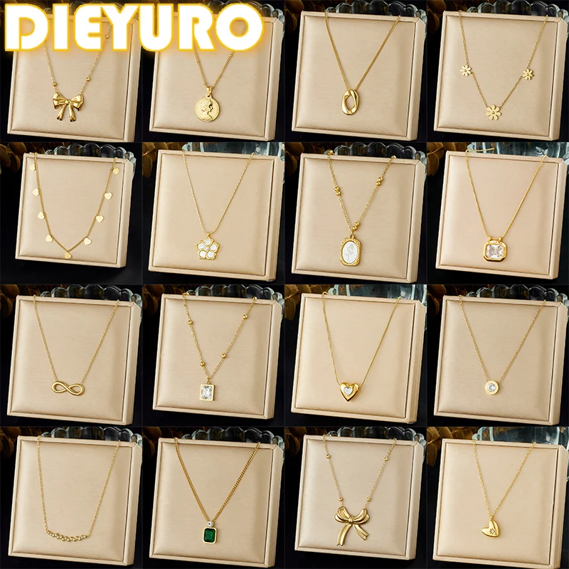 DIEYURO 316L Stainless Steel Simple versatile Zircon Geometry Flowers Bowknot Series Pendant Necklace Lady Classic Charm Jewelry